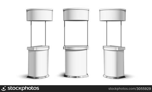 Fair Desk Collection In Different View Vector. Blank Exhibition Stand, Commercial Advertising Or Promotion Counter Desk, Presentation Empty Table Booth. Template Realistic 3d Illustration. Fair Desk Collection In Different View Vector