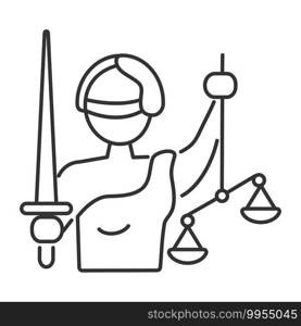 Fair, justice icon vector. Themis blindfolded. The goddess holds a scale and a sword.. Fair, justice icon vector. Themis blindfolded. The goddess holds a scale and sword.