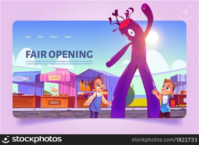 Fair opening cartoon landing page. Kids at outdoor market with air waky man, stalls, booths and kiosks with striped awning and production. Boy and girl children having joy and fun, vector illustration. Fair opening cartoon landing page. Kids at market