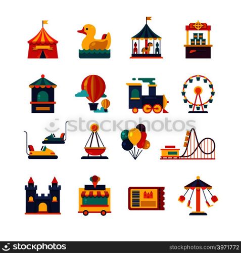 Fairground games and amusement park flat vector icons. Funfair icons set of ferris wheel and amusement park illustration. Fairground games and amusement park flat vector icons