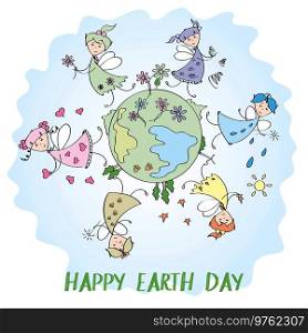 Fairies and planet earth, earth day,cute vector illustration. Fairies and planet earth, earth day