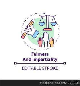 Fairness and impartiality concept icon. Journalistic ethics standards idea thin line illustration. Presenting facts with neutrality. Vector isolated outline RGB color drawing. Editable stroke. Fairness and impartiality concept icon