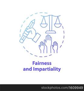 Fairness and impartiality concept icon. Journalistic ethics standards idea thin line illustration. Dispassionate and emotionless attitude. Accuracy and truth. Vector isolated outline RGB color drawing. Fairness and impartiality concept icon