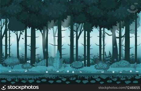 Fairy background forest. Bright forest woods, silhouttes, trees with bushes, ferns and flowers. Fairy forest. Bright forest woods, silhouttes, trees with bushes, ferns and flowers. For design game, apps, websites. Vector, cadroon style, isolated