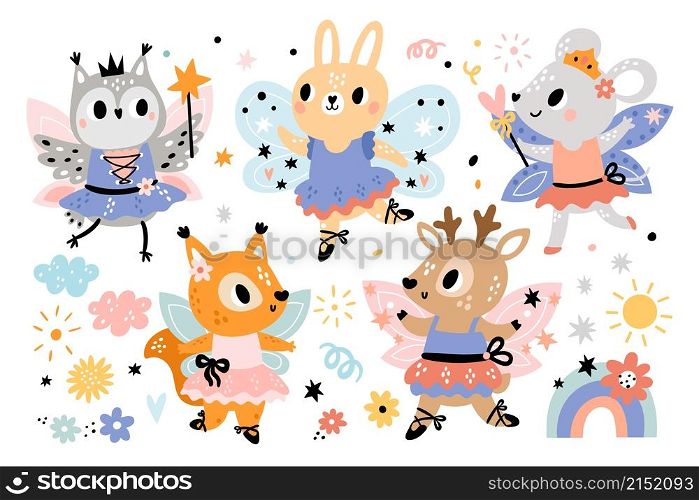 Fairy ballerinas animals. Cute girly sorceresses characters with wings and magic wands. Happy little beautiful princesses in fancy dresses. Dancing squirrels and rabbits. Vector ballet dancers set. Fairy ballerinas animals. Cute sorceresses characters with wings and magic wands. Little beautiful princesses in fancy dresses. Dancing squirrels and rabbits. Vector ballet dancers set
