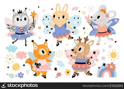 Fairy ballerinas animals. Cute girly sorceresses characters with wings and magic wands. Happy little beautiful princesses in fancy dresses. Dancing squirrels and rabbits. Vector ballet dancers set. Fairy ballerinas animals. Cute sorceresses characters with wings and magic wands. Little beautiful princesses in fancy dresses. Dancing squirrels and rabbits. Vector ballet dancers set