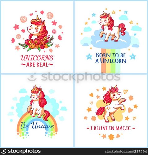 Fairy colorful character unicorn birthday poster. Sweet pink fairytale magic motivational unicorns on rainbow cloud from happy dreams printable posters vector set. Fairy unicorn poster. Sweet rainbow magic unicorns from happy dreams printable posters vector set