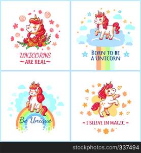 Fairy colorful character unicorn birthday poster. Sweet pink fairytale magic motivational unicorns on rainbow cloud from happy dreams printable posters vector set. Fairy unicorn poster. Sweet rainbow magic unicorns from happy dreams printable posters vector set