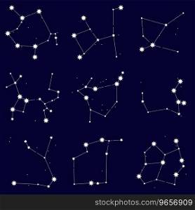 Fairy constellations against night sky. Accumulation and association of stars into astrological signs and symbols. Astrology background. Simple vector isolated on dark backdrop