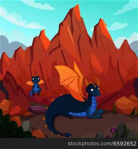 Fairy dragons composition with canyons landscape and cartoon characters of dragon family mother and kid vector illustation. Dragons Family Cartoon Composition