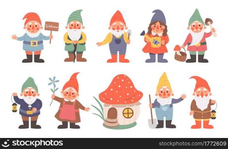 Fairy dwarf. Cartoon gnome characters with funny hats. Little magical bearded midgets. Isolated fictional lilliputians greeting waving hands. Cute mushroom house. Vector decorative garden figures set. Fairy dwarf. Cartoon gnome characters with funny hats. Little magical bearded midgets. Isolated fictional lilliputians greeting waving hands. Mushroom house. Vector garden figures set