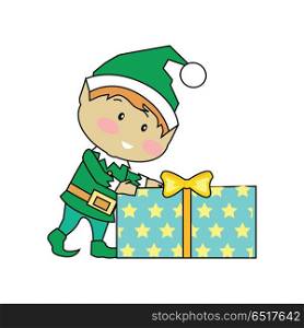 Fairy Elves with Christmas Presents. Fairy elves with christmas presents. Flat design vector. Funny Christmas elf in green suits holding, counting, carrying gift boxes with stripes. Winter holidays celebrating symbols. On white