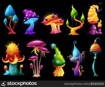 Fairy fantasy cartoon mushrooms with outgrowth and thorns in magic forest. Vector fungi and fluorescent toadstools, fantastic slime with luminous mystical caps and neon light glow sparklers. Fairy fantasy cartoon mushrooms in magic forest