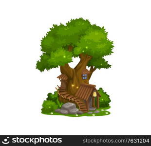 Fairy house of dwarf gnome, elf home tree, vector isolated cartoon icon. Fairy tale dwarf gnome house hut with wooden door and stair, lamp at entrance and flowers and magic glowworm firefly lights. Fairy house of dwarf gnome, elf home tree cartoon