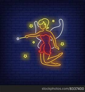 Fairy in red dress neon sign. Magic, pixie, enchantment. Night bright advertisement. Vector illustration in neon style for poster, banner