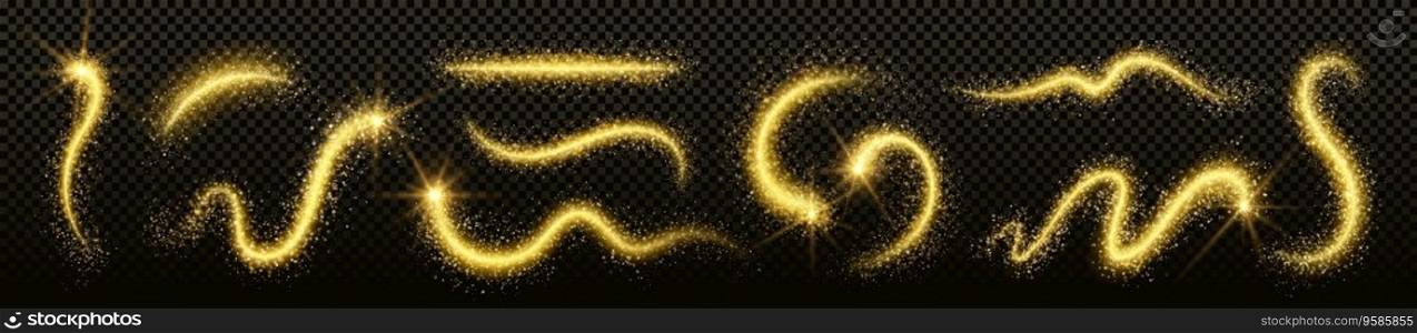 Fairy magic golden light trail with bright flash and star dust. Realistic vector curve wave line with flare and gold glitter and sparkles. Shine and glow tail from wand with particles and glow effect.. Fairy magic golden light trail with flash and dust