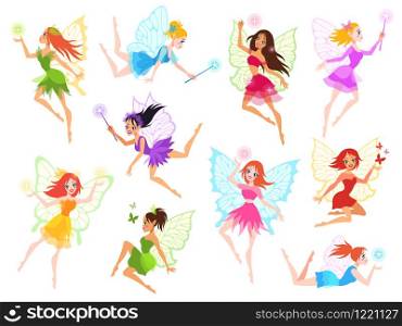 Fairy. Magical little fairies in different color dresses with wings, mythological winged flying fairytale characters for kids book vector cartoon dance lady set. Fairy. Magical little fairies in different color dresses with wings, mythological winged flying fairytale characters for kids book vector set