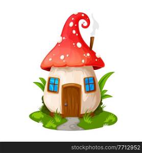 Fairy mushroom house, gnome dwelling. Vector fly agaric cartoon building, fairytale elf home with wooden door, windows and steaming pipe on roof. Isolated fantasy cute house on green field with path. Fairy mushroom house gnome dwelling on green field