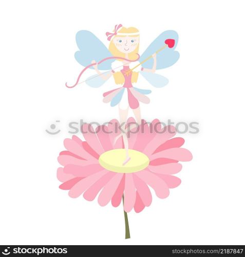 Fairy princess with butterfly wings abov pink flower bow and arrrow colorful illustration for children coloring page