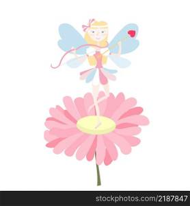 Fairy princess with butterfly wings abov pink flower bow and arrrow colorful illustration for children coloring page
