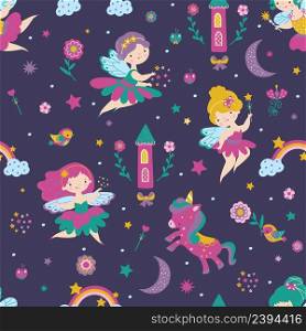 Fairy seamless pattern. Child tale characters, print with fairies, castle and flowers. Cute magic dolls, sweet girls graphics. Childish fashion nowaday vector background. Cute baby pattern. Fairy seamless pattern. Child tale characters, print with fairies, castle and flowers. Cute magic dolls, sweet girls graphics. Childish fashion nowaday vector background