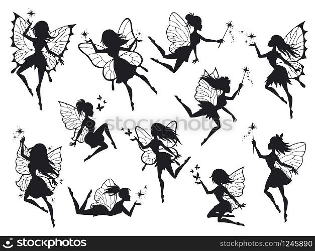 Fairy silhouettes. Magical fairies with wings, mythological winged flying fairytale characters beautiful print with fantasy nymph, design outline vector set. Fairy silhouettes. Magical fairies with wings, mythological winged flying fairytale characters print design outline vector set