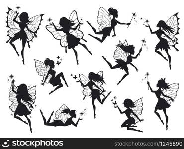 Fairy silhouettes. Magical fairies with wings, mythological winged flying fairytale characters beautiful print with fantasy nymph, design outline vector set. Fairy silhouettes. Magical fairies with wings, mythological winged flying fairytale characters print design outline vector set