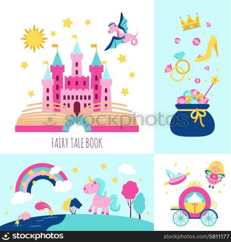 Fairy tale book concept with magic fantasy cartoon characters icons set isolated vector illustration. Fairy Tale Concept