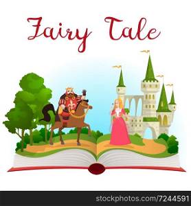Fairy tale castle book. Open book with fantasy kingdom tower. Prince on horse and princess near palace, magic landscape. Cartoon vector kid fairytale illustration. Fairy tale castle book. Open book with fantasy kingdom tower, prince on horse and princess near palace. Cartoon vector kid illustration