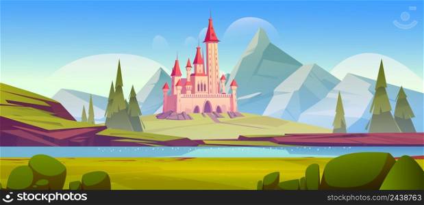 Fairy tale castle in mountain valley with river and coniferous trees. Vector cartoon illustration of summer landscape with rocks, water stream, green grass and royal palace with towers. Fairy tale castle in mountain valley with river