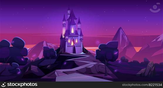 Fairy tale castle in mountains at night. Vector cartoon landscape of fairytale kingdom with rocks, trees and royal palace with towers and glowing windows. Fantasy medieval castle. Fairy tale castle in mountains at night