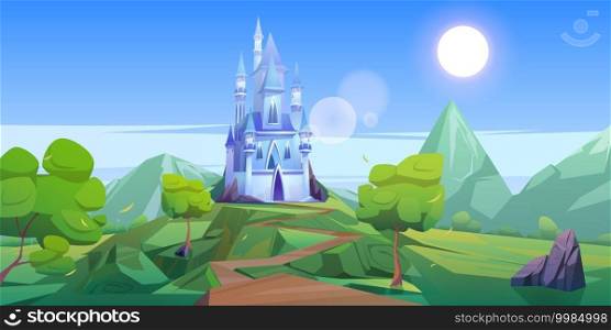 Fairy tale castle in mountains. Vector cartoon landscape of fairytale kingdom with rocks, trees, road and blue royal palace with towers and windows. Fantasy medieval castle. Fairy tale royal castle in mountains