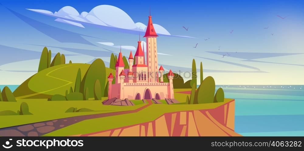 Fairy tale castle on island in sea. Vector cartoon summer mediterranean landscape with sea shore, green hills with trees and royal palace, medieval castle with towers. Fairy tale castle on island in sea