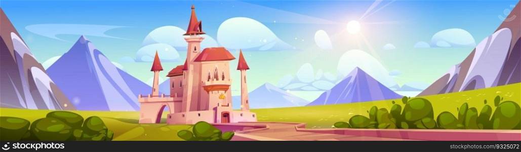Fairy tale castle on summer mountain landscape. Vector cartoon illustration of medieval royal palace building, green valley surrounded by rocks, sun shining in blue sky with clouds. Fantasy kingdom. Fairy tale castle on summer mountain landscape