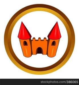Fairy tale castle vector icon in golden circle, cartoon style isolated on white background. Fairy tale castle vector icon