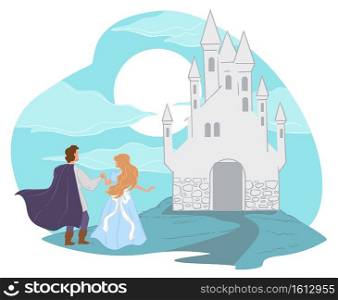 Fairy tale characters and fantasy castle with tall towers. Happy end of stories for children. Kingdom of prince. Happy princess in love with boy. Hugging man and woman by fort. Vector in flat style. Prince leading princess to kingdom, fairy tale