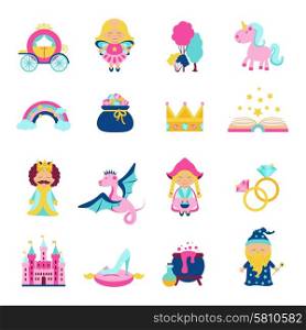 Fairy tale characters and symbols set with magic book wand dragon unicorn isolated vector illustration. Fairy Tale Set