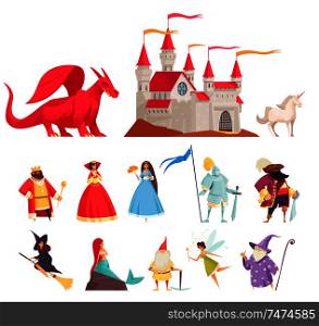 Fairy tale characters icons set with dragon and princess flat isolated vector illustration