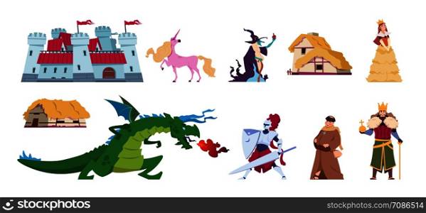 Fairy tale characters. Medieval cartoon castles and persons, kings wizards dragon and knight. Vector character flat prince and princess magic set. Fairy tale characters. Medieval cartoon castles and persons, kings wizards dragon and knight. Vector flat prince and princess magic set