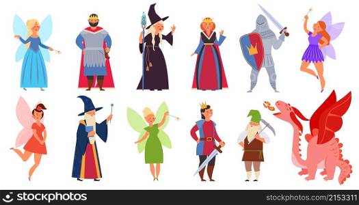 Fairy tale clipart. Medieval magician characters, cartoon fairy girl dragon and fantasy wizard. Halloween clothes, child book story decent vector set. Illustration character magician, medieval fantasy. Fairy tale clipart. Medieval magician characters, cartoon fairy girl dragon and fantasy wizard. Halloween clothes, child book story decent vector set