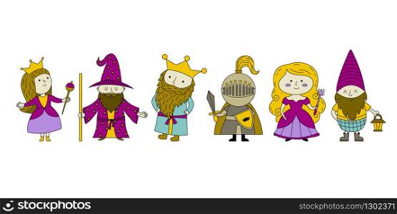 Fairy tale collection with fantasy character: mage, king, queen, knight, princess, gnome. Hand drawn vector illustration
