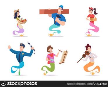 Fairy tale genie. Fantasy characters male female living in fairy tale lamp or bottle creatures various poses and professions exact vector persons in smoke. Illustration cartoon character from lamp. Fairy tale genie. Fantasy characters male female living in fairy tale lamp or bottle creatures various action poses and professions exact vector persons in smoke