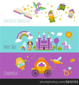 Fairy tale horizontal banner set with fantastic characters isolated vector illustration. Fairy Tale Banner Set