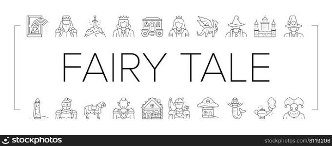 Fairy Tale Magical Story Book Icons Set Vector. Fairy Tale Witch And Goblin, Kingdom Castle Building Gingerbread House, Magic Dragon Animal And Horse, Djinn L&And Sword Black Contour Illustrations. Fairy Tale Magical Story Book Icons Set Vector