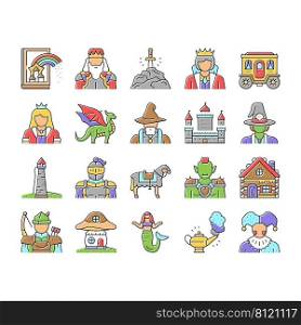 Fairy Tale Magical Story Book Icons Set Vector. Fairy Tale Witch And Goblin, Kingdom Castle Building And Gingerbread House, Magic Dragon Animal And Horse, Djinn L&And Sword Color Illustrations. Fairy Tale Magical Story Book Icons Set Vector