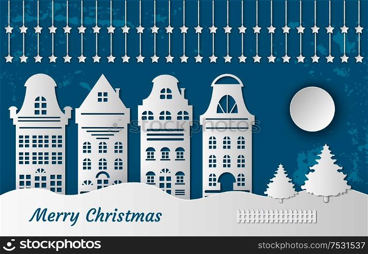 Fairy tale paper cut city made of snow. Vector postcard with origami houses, spruce fir trees and moon. New Year cutting craft background with hanging stars. Fairy Tale Paper Cut City of Snow. Vector Postcard