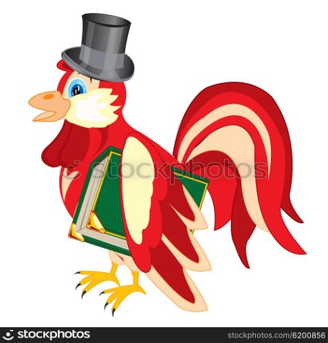 Fairy-tale personage cock in hat and with book. Cock in hat with book