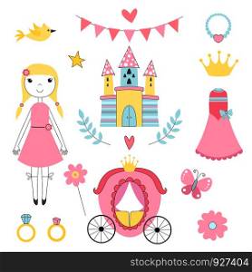 Fairy tale pictures of princess and other magician tools. Castle and princess, fairy tale coach and ring. Vector illustration. Fairy tale pictures of princess and other magician tools