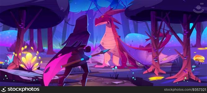 Fairy tale scene with dragon and medieval knight fight. Fantasy landscape of magic forest with mythology monster and warrior with spear at night, vector cartoon illustration. Fairy tale scene with dragon and medieval knight