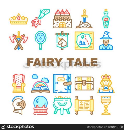 Fairy Tale Story Medieval Book Icons Set Vector. Castle And Knight Armour Equipment, Magician And Witch Fairy Tale Character, Magic Mirror And Glass Sphere, Dragon And King Line. Color Illustrations. Fairy Tale Story Medieval Book Icons Set Vector